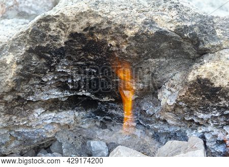 Flames Of Chimera Mount From The Underground. Fire From The Natural Gas In The Rocks In Cirali, Turk