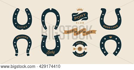 Lucky Horseshoe. Set Of Horseshoes, Graphic And Lucky Symbols. Design Elements, Set Drawing, Vintage