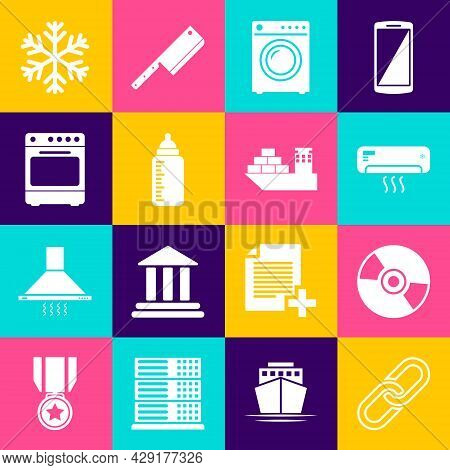 Set Chain Link, Cd Or Dvd Disk, Air Conditioner, Washer, Baby Bottle And Oven Icon. Vector
