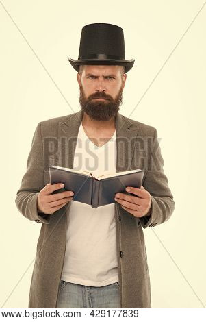 Dramatic Look. Reading Dramatic Scenario. Bearded Man Read Book Isolated On White. Poetry Reading. I