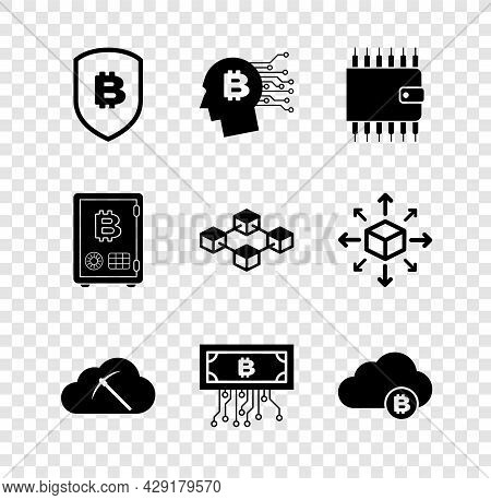 Set Shield With Bitcoin, Bitcoin Think, Cryptocurrency Wallet, Cloud Mining, Circuit And Icon. Vecto