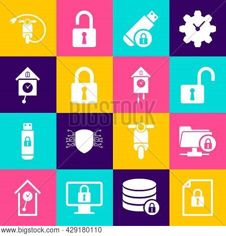 Set Document And Lock, Ftp Folder, Open Padlock, Usb Flash Drive With, Lock And Retro Wall Watch Ico
