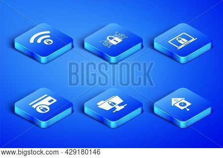 Set Retro Wall Watch, Wifi Locked, Ftp Folder And, Credit Card With, Cyber Security And Laptop Icon.