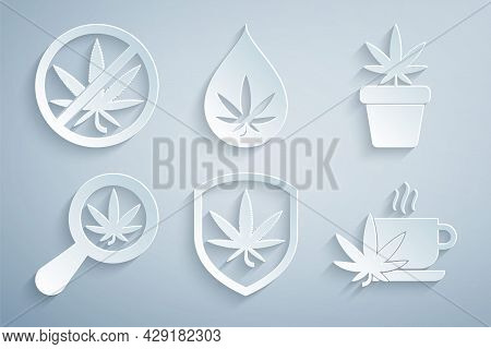 Set Shield And Marijuana, Marijuana Plant In Pot, Magnifying Glass, Cup Tea With, Or Cannabis Leaf O