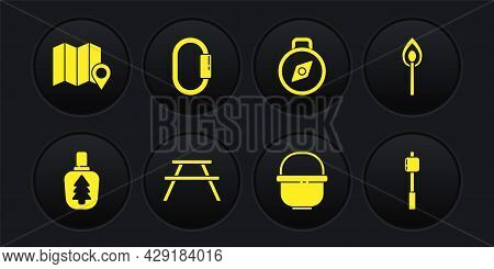 Set Canteen Water Bottle, Burning Match With Fire, Picnic Table Benches, Camping Pot, Compass, Carab