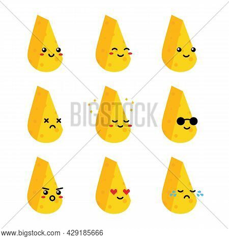Set, Collection, Pack Of Cheese Emoji, Vector Cartoon Style Icons Of Cheese Chunks, Dairy Products C