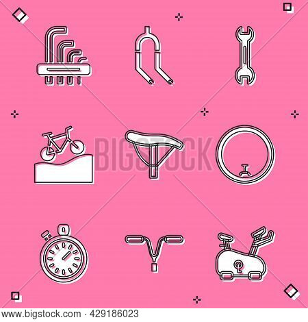 Set Tool Allen Keys, Bicycle Fork, Wrench Spanner, Mountain Bicycle, Seat, Wheel, Stopwatch And Hand