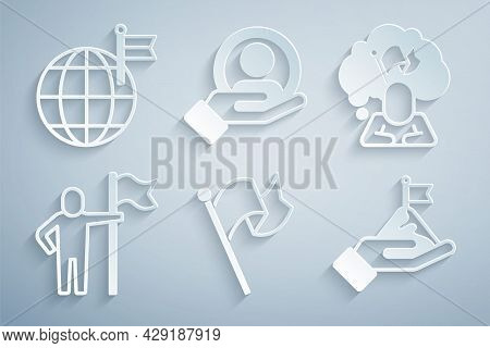 Set Flag, Man Holding Flag, Mountains With, Hand For Search People And Planet Icon. Vector