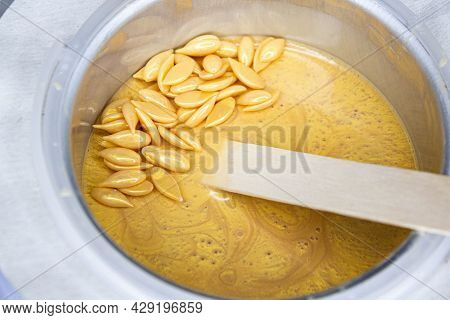 Wax For Depilation. The Wax Melts. Body Hair Removal. Spatula And Wax. Grains Of Wax For Hair Remova