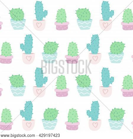 Cute Vector Seamless Pattern With Cartoon Cacti In Pots. It Can Be Used As Wallpaper, Poster, Print 