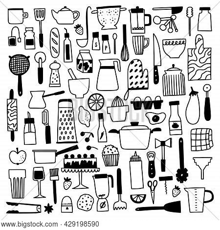 Kichen Utencils And Cutlery Big Set. Doodle Outline Cooking And Baking Illustration.