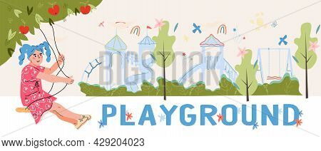 Children Playground Banner, Poster Or Flyer Design With Girl Swinging On Swings. Kids Playzone Poste