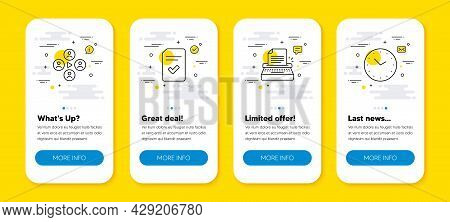 Vector Set Of Video Conference, Typewriter And Checked File Line Icons Set. Ui Phone App Screens Wit