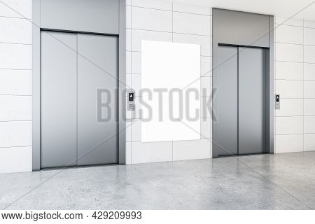 Modern Office Lobby Interior With Steel Elevators, Empty Poster, Concrete Flooring And Tile Wall. Mo