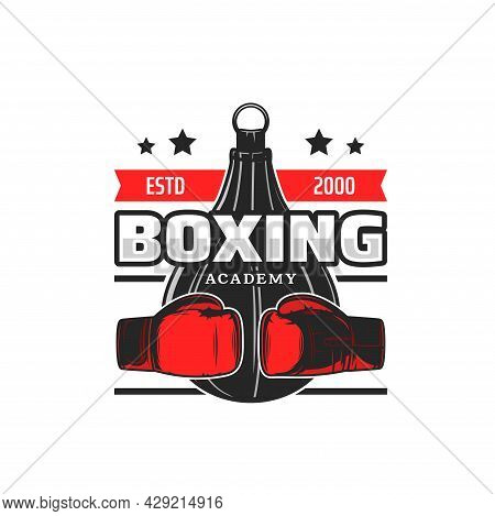 Boxing Sport Academy Vector Icon With Gloves And Speed Punching Bag Of Boxer Sportsman, Boxing Ring 