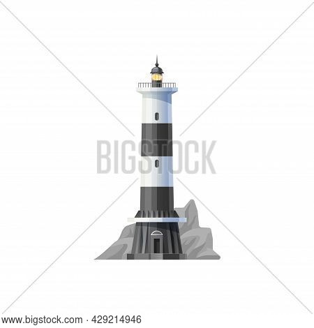 Lighthouse Vector Icon, Beacon Or Sea Light House And Coast Tower In The Rocks. Lighthouse Beacon Fo