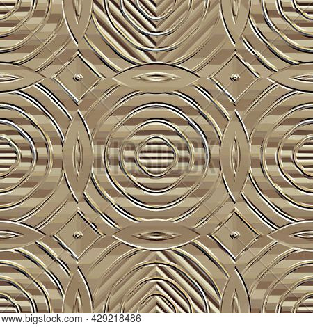 Embossed Gold 3d Vector Seamless Pattern. Emboss Circles Golden Background. Geometric Textured Repea