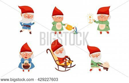 Fantastic Gnome Character With White Beard And Red Pointed Hat Vector Illustration Set