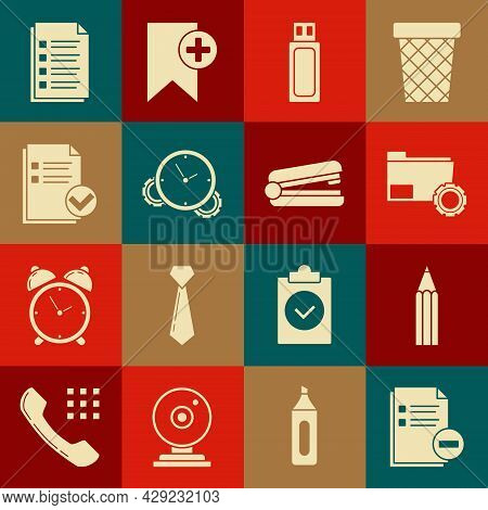 Set Document With Minus, Pencil, Folder Settings Gears, Usb Flash Drive, Time Management, And Check 