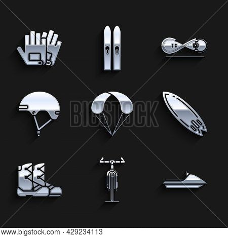 Set Parachute, Bicycle, Jet Ski, Surfboard, Boots, Helmet, Skateboard Trick And Gloves Icon. Vector
