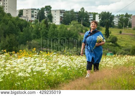 Grandmother Is Walking Along A Path In A Field Of Flowers. An Elderly Woman Walks In Nature.