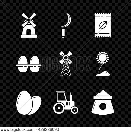 Set Windmill, Sickle, A Pack Full Of Seeds Of A Specific Plant, Chicken Egg, Tractor, Bag Flour, Box