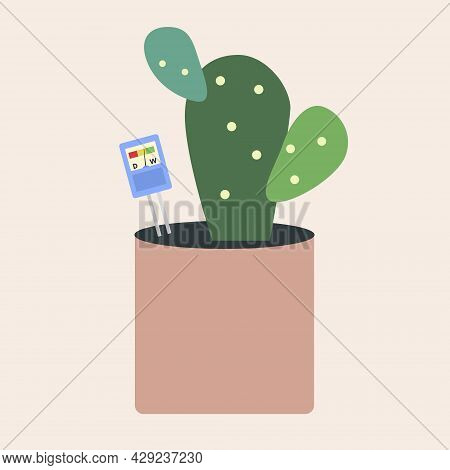 Moisture Meter Put In Flower Pot With Bunny Ears Cactus Flat Illustration. Plants Care, Humidity, In