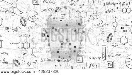 Human head spinning against chemical structures and formulas on white background. chemistry and science concept