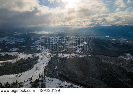 Winter Landscape With Spruse Trees Of Snow Covered Forest In Cold Mountains.