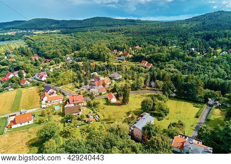 Mountain Village With Forests, Bird Eye View. Sleza Mountain Landscape Near Wroclaw In Poland. Natur