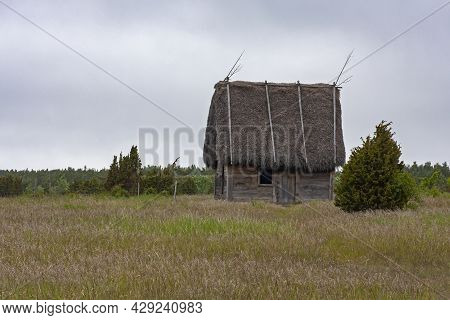An Old Traditional Wooden Hut With Thatched Roof On The Meadow In Fårö, Gotland, Sweden