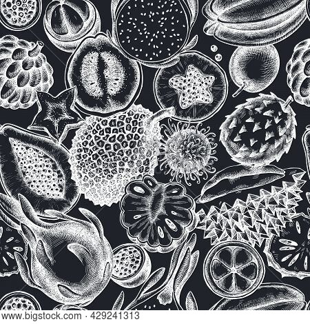 Seamless Pattern With Hand Drawn Chalk Papaya, Guava, Passion Fruit, Starfruit, Durian, Rambutan, Pi