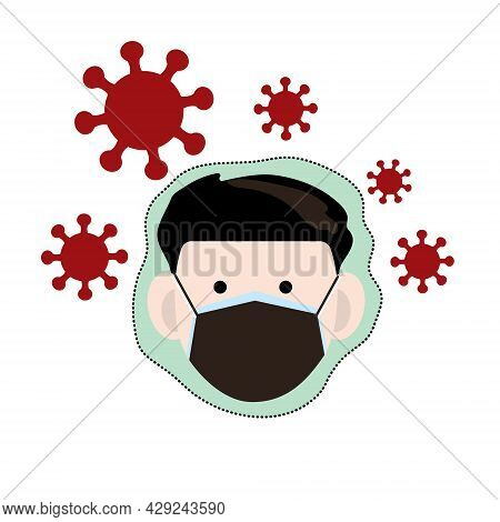 Cartoon Head Of A Man Wearing Double Medical Masks With Barrier Power To Protect Virus Around Him, T
