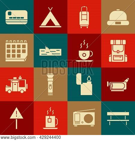 Set Bench, Cinema Camera, Hiking Backpack, Suitcase, Wooden Log, Calendar, Credit Card And Coffee Cu