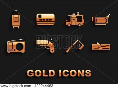 Set Flare Gun Pistol, Cinema Camera, Wooden Log, Axe, Radio With Antenna, Rv Camping Trailer, Suitca