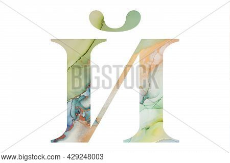 Initial Letter Cyrillic Alphabet With Abstract Hand-painted Alcohol Ink Texture. Isolated On White B