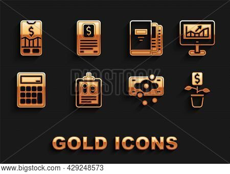 Set Business Finance Report, Computer With Growth Graph, Dollar Plant, Stacks Paper Money Cash, Calc