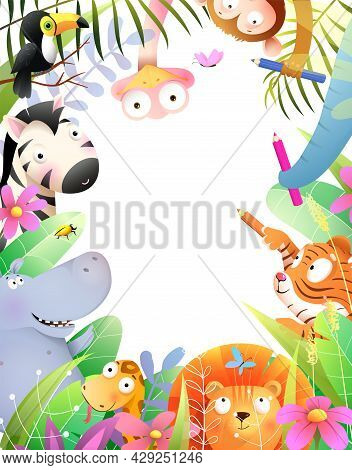 Cute Baby Animals Drawing With Pencils, Jungle Kids Invitation Or Diploma Frame Design With Empty Co