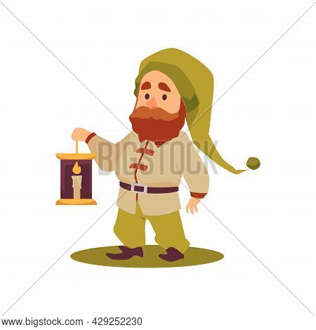 Fairy Tale Cute Cartoon Bearded Gnome Holding Lantern With Burning Candle.