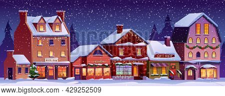Christmas Landscape Street With Decorated Houses At Night Time, Snowfall, Snowy Weather. Vector Xmas