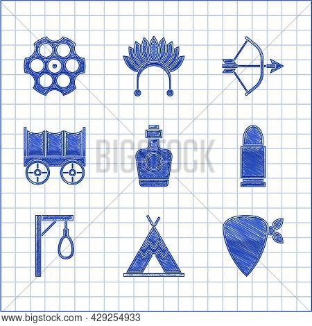 Set Tequila Bottle, Indian Teepee Or Wigwam, Cowboy Bandana, Bullet, Gallows, Wild West Covered Wago