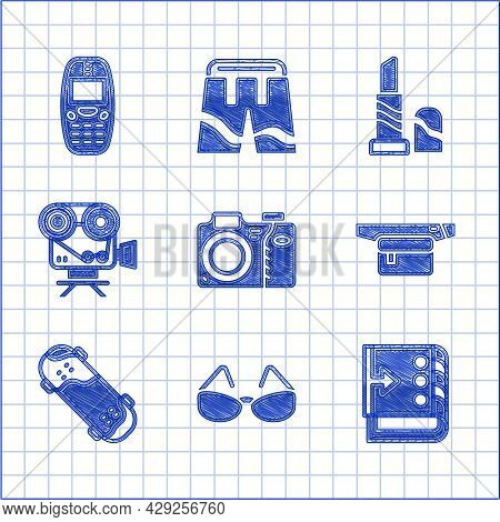 Set Photo Camera, Glasses, Sound Mixer Controller, Waist Bag Of Banana, Skateboard Trick, Retro Cine