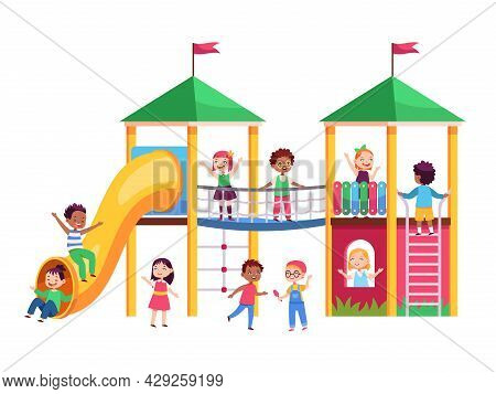 Kids Play Playground. Children Climb On Amusement Ride, Roll Down Baby Slide, Outdoor Park Entertain