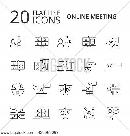 Simple Set Of Online Meeting Related Line Icons Isolated. Video Conference Concept. Distance Work An
