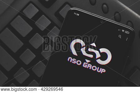 Ufa, Russia - August 9, 2021: Logo Nso Group On Screen Smartphone.