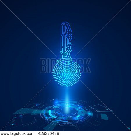Hologram Of Circuit Key Fingerprint. Futuristic Hud Elements. Sci Fi Futuristic Touch Screen Panel. 