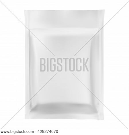 Foil Sachet. Plastic Pouch Vector Mockup, White Template. Silver Zipper Packaging, Biscuit Or Candy 
