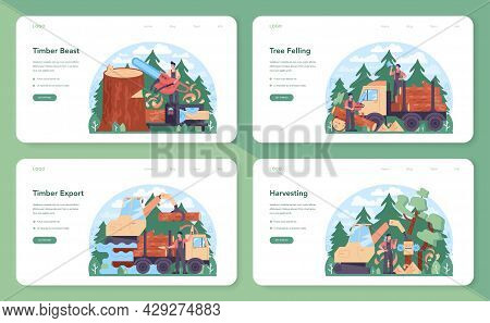 Timber Industry And Wood Production Web Banner Or Landing Page Set