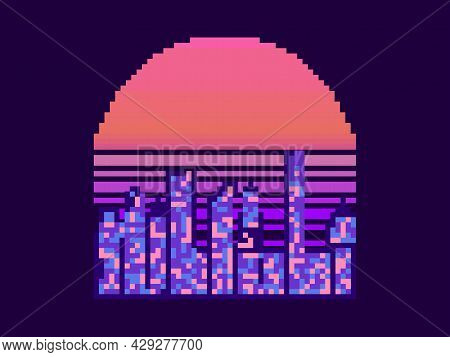 Pixel Art City At Sunset. 8 Bit Cityscape On The Pixel Sun. 80s Synthwave And Retrowave. Retro 8-bit