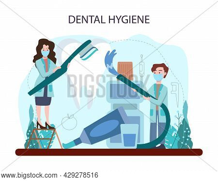 Dentist Concept. Dental Doctor In Uniform Treating Human Teeth Using
